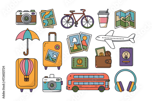Collection of travel and adventure icons and illustrations