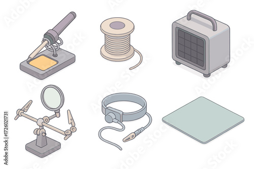 Soldering Workstation Icons. Isometric vector illustration set Soldering workstation tools: soldering iron stand, spool of solder