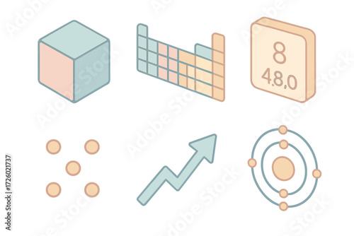 Colorful Atomic Structure Icons. Isometric vector illustration set Periodic table and atoms: atomic symbol cube, periodic table