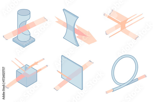 Optical Elements Icons. Isometric vector illustration set Glass optics and light paths: cylindrical lens with focused beam,