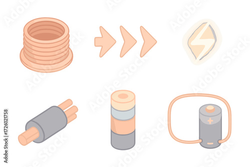 Electricity Flow Icons. Isometric vector illustration set Conductor wire electricity flow: copper wire coil icon, current flow
