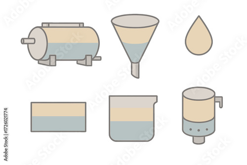 Oil Separation Icons. Isometric vector illustration set Oil and liquid separation: oil water separator tank, settling funnel with