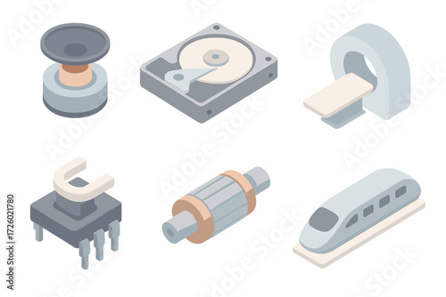 Magnet Technology Icons. Isometric vector illustration set Magnet in technology: speaker magnet coil, hard drive platter with