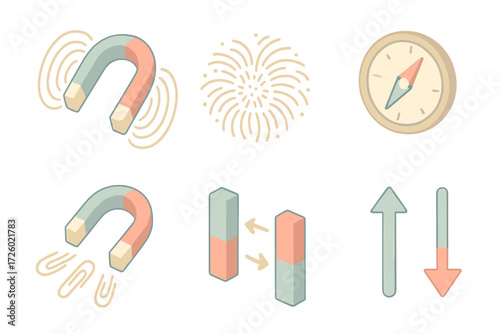 Magnet Attraction Icons. Isometric vector illustration set Magnet field attract repel: horseshoe magnet with field lines, iron
