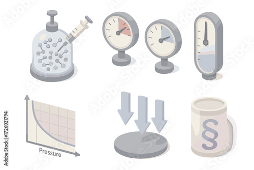 Vacuum Physics Icons. Isometric vector illustration set Physics of vacuum and pressure: molecule removal diagram, high vacuum vs