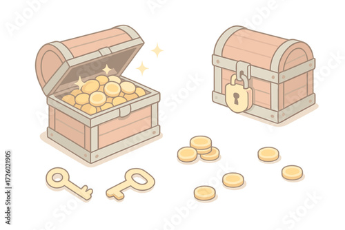 Treasure Chest Icons. Isometric vector illustration set Treasure chest gold coins: wooden chest with open lid, overflowing gold