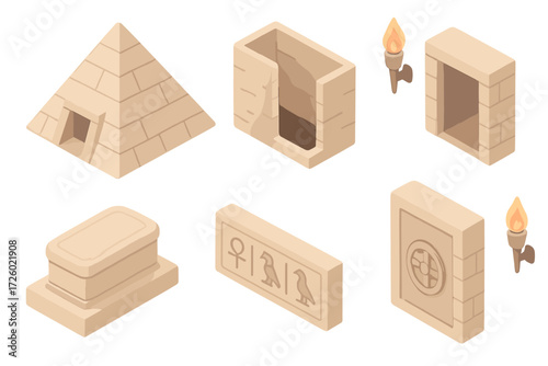 Ancient Burial Icons. Isometric vector illustration set Burial architecture elements: pyramid entrance shaft, hidden chamber
