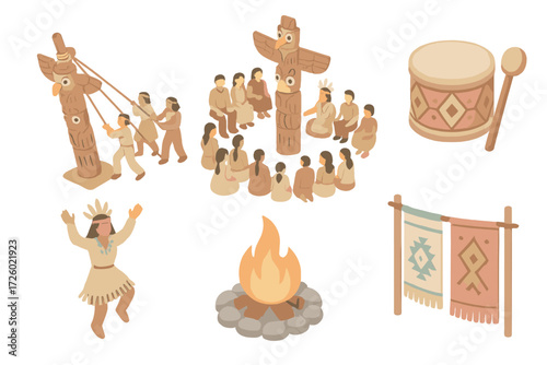 Totem Pole Ceremony. Isometric vector illustration set Totem pole raising ceremony: ropes pulling pole upright, community