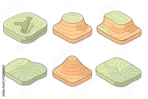 Isometric Topographic Map. Isometric vector illustration set topographic map contour elevation: canyon rim contours, butte flat