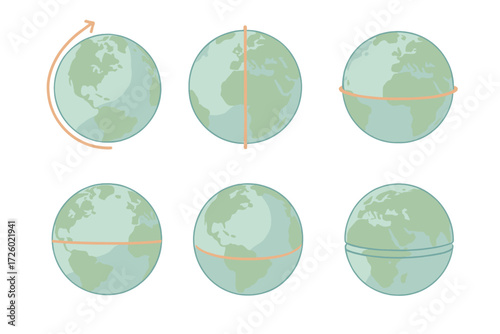 Pastel Globe Illustration. Isometric vector illustration set globe spin axis geography: world sphere rotation tilt, prime meridian