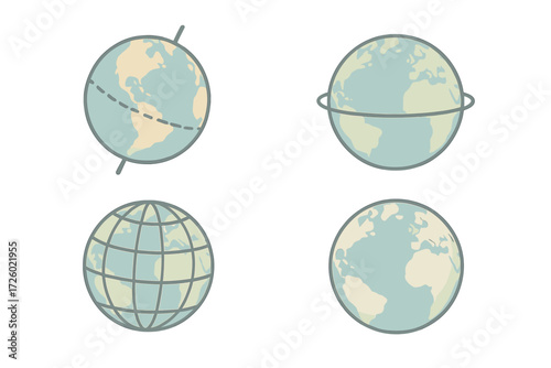 Earth Spin Diagram. Isometric vector illustration set globe spin axis geography: earth tilted spin diagram, axis pivot poles,