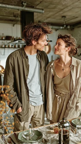 Romantic couple embracing and smiling at home