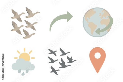 Migrating Geese Pathway. Isometric vector illustration set migration route flock season: migrating geese formation, curved arrow