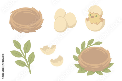 Hatchling in Pastel Nest. Isometric vector illustration set nest twig egg hatchling: circular twig nest, cluster of eggs, hatching