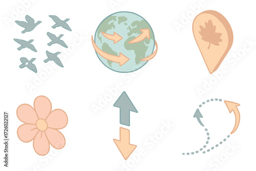 Seasonal Bird Migration. Isometric vector illustration set migration route flock season: flock in sky migration, globe with curved