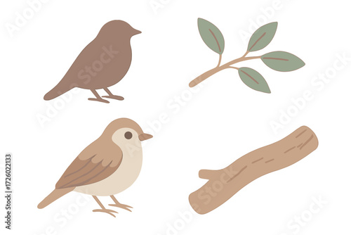 Sparrow Perched Silhouette. Isometric vector illustration set perch branch rest observe: perched sparrow silhouette, leafy twig