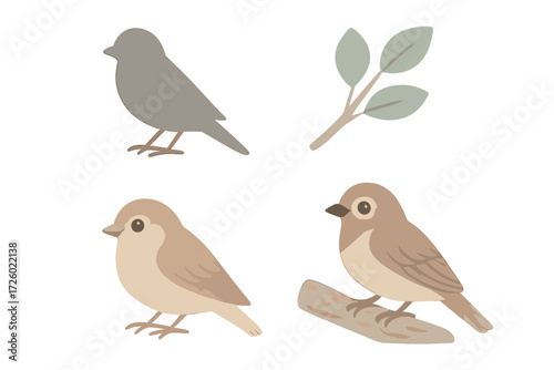 Sparrow Perched Silhouette. Isometric vector illustration set perch branch rest observe: perched sparrow silhouette, leafy twig