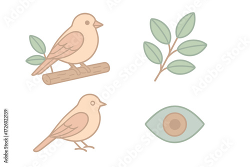 Peaceful Perched Bird. Isometric vector illustration set perch branch rest observe: bird calmly sitting, leafy branch illustration