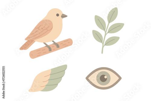 Peaceful Perched Bird. Isometric vector illustration set perch branch rest observe: bird calmly sitting, leafy branch illustration