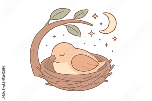 Nighttime Bird Nest. Isometric vector illustration set roost nighttime sleep shelter: bird tucked inside nest, protective branch