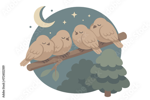 Flock's Peaceful Night. Isometric vector illustration set roost nighttime sleep shelter: flock resting on branch, night sky with
