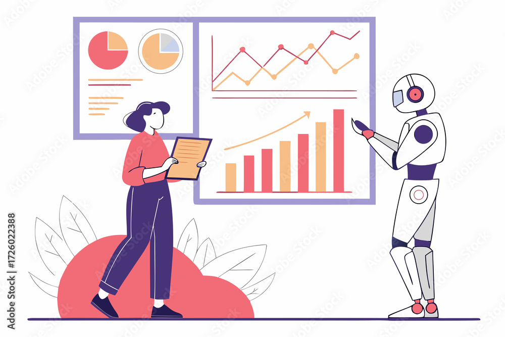 Obraz premium Data analysis set. Collection of characters using artificial intelligence generative tools to analyze, collecting, managing datasets. Analytics concept. Vector illustration.