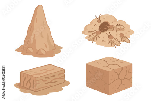 Termite Nest Isometric. Isometric vector illustration set termite mound wood decompose: tall earthen nest, termites clustered near
