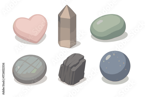 Metaphysical Crystal Set. Isometric vector illustration set Metaphysical crystal set: rose quartz heart stone, smoky quartz tower