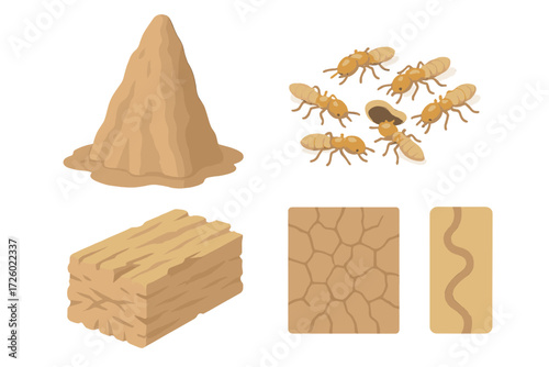 Termite Nest Isometric. Isometric vector illustration set termite mound wood decompose: tall earthen nest, termites clustered near