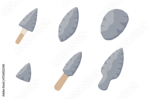 Ancient Obsidian Tools. Isometric vector illustration set Ancient obsidian tools: arrowhead spear tip, obsidian dagger blade,
