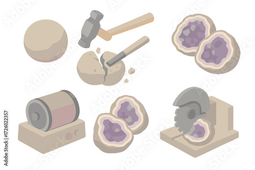 Geode Slice Splendor. Isometric vector illustration set Geode cracking process: geode intact round form, hammer and chisel