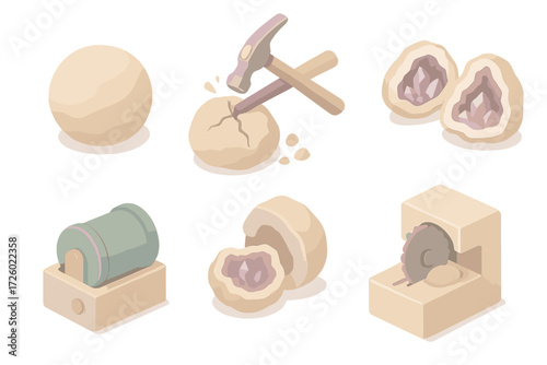 Geode Slice Splendor. Isometric vector illustration set Geode cracking process: geode intact round form, hammer and chisel