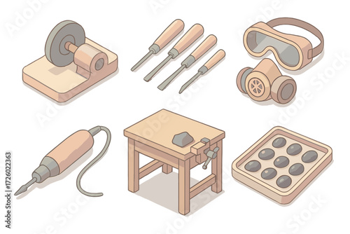 Obsidian Craft Tools. Isometric vector illustration set Obsidian carving & craft: gemstone polishing wheel, carving chisel set,