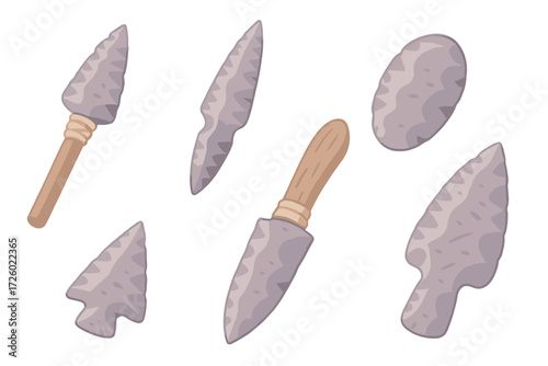 Ancient Obsidian Tools. Isometric vector illustration set Ancient obsidian tools: arrowhead spear tip, obsidian dagger blade,