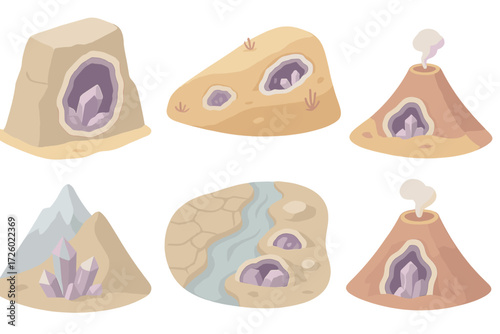Geode Landscapes Collection. Isometric vector illustration set Natural geode landscapes: geode cavity in rock wall, desert