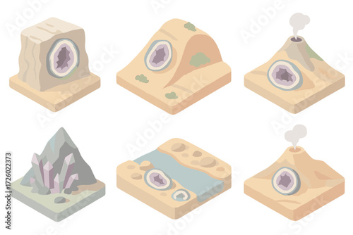 Geode Landscapes Collection. Isometric vector illustration set Natural geode landscapes: geode cavity in rock wall, desert