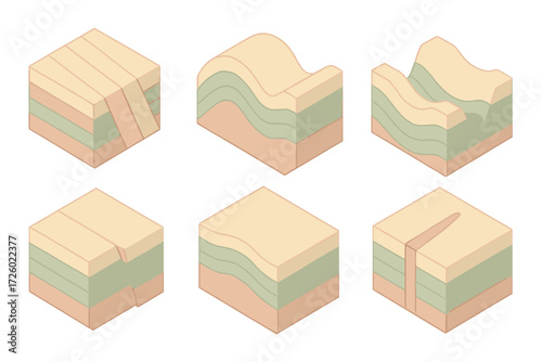 Geological Cross-Section Illustrations. Isometric vector illustration set Geological cross-sections: tilted rock strata, folded