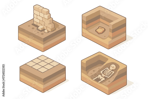 Ancient Stratigraphy Layers. Isometric vector illustration set Historical stratigraphy: ancient ruin wall layers, archaeological