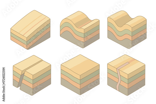 Geological Cross-Section Illustrations. Isometric vector illustration set Geological cross-sections: tilted rock strata, folded