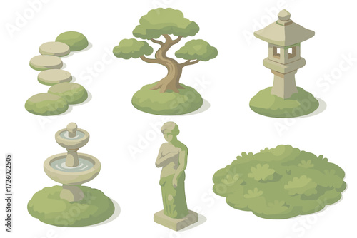 Mossy Garden Landscapes. Isometric vector illustration set Moss in gardens: moss stepping stone path, bonsai with moss base, moss