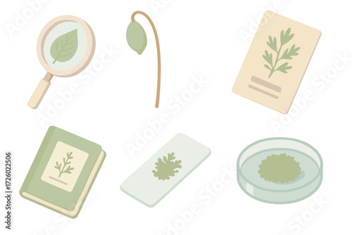 Moss Science Icons. Isometric vector illustration set Moss study & science: magnified moss leaf, moss spore capsule, microscope