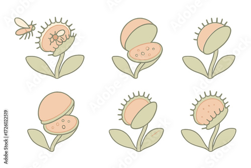Insect Trap Process. Isometric vector illustration set Feeding process stages: insect approaching trap, insect captured inside,