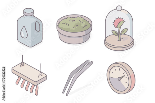 Carnivorous Plant Care Icons. Isometric vector illustration set Carnivorous plant care: distilled water bottle, moss soil mix,