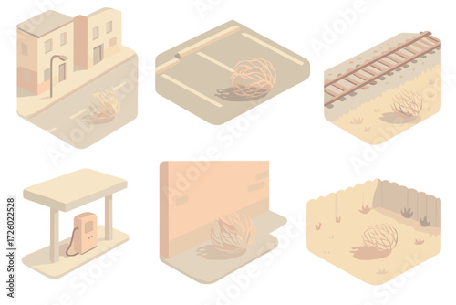 Urban Tumbleweed Scenes. Isometric vector illustration set Tumbleweed urban encounters: tumbleweed in empty street, tumbleweed in