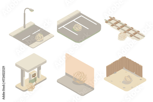 Urban Tumbleweed Scenes. Isometric vector illustration set Tumbleweed urban encounters: tumbleweed in empty street, tumbleweed in