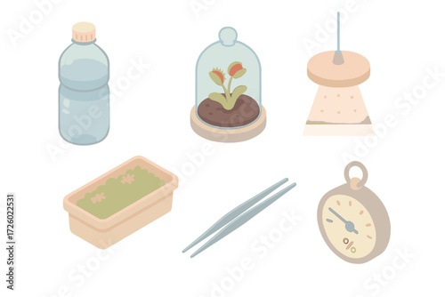 Carnivorous Plant Care Icons. Isometric vector illustration set Carnivorous plant care: distilled water bottle, moss soil mix,