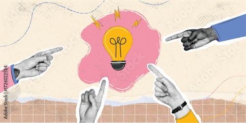  Four Hands pointing to lightbulb.Trendy Halftone Collage brainstorm. Create creative idea concept. Business solutions. Think outside the box. Marketing time. Contemporary vector art