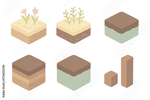 Peat Formation Process Icons. Isometric vector illustration set Peat formation process: plant material layer, sphagnum moss