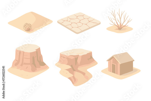 Arid Landscape Icons. Isometric vector illustration set Climate arid landscapes: desert dune with tumbleweed, cracked clay ground,