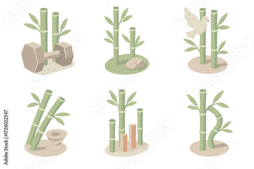 Bamboo Symbolism Icons. Isometric vector illustration set Bamboo symbolic meanings: bamboo for strength, bamboo for longevity,